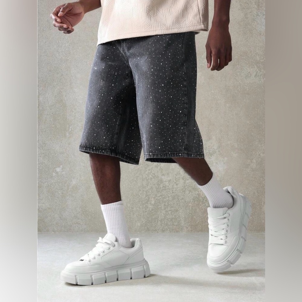 Sumwon Men's Rhinestone Embellished Black Denim Shorts